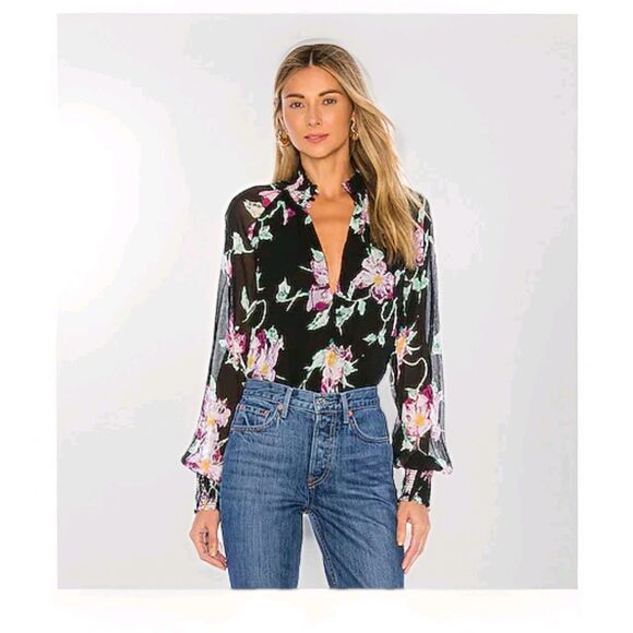 ALC Top Womens 4 Black Pink Multi Floral Silk Venetia Sheer Sleeve Boho Fairy - Picture 1 of 10